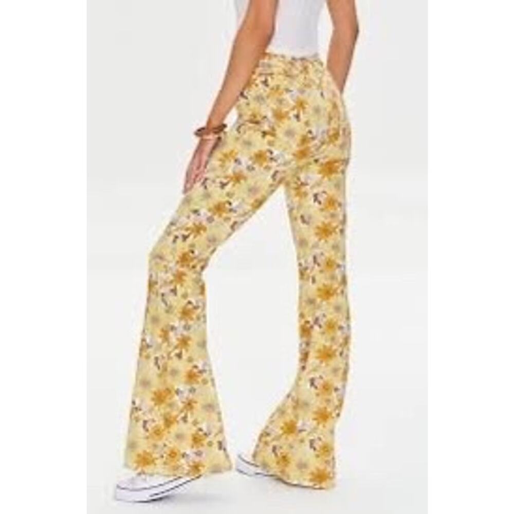 Forever 21 Yellow Sunflower Retro 70s High Rise Flare Jeans Size 28